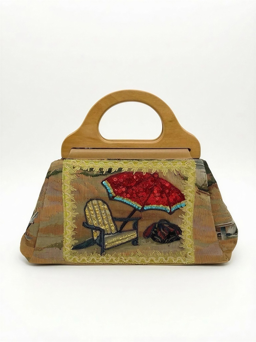 Vintage Y2K Beach Coastal Scene Embroidered Sequin Tapestry Bag w/ Wooden Handle
